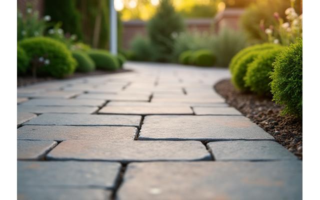 Kaunis kivetty patio puutarhassa