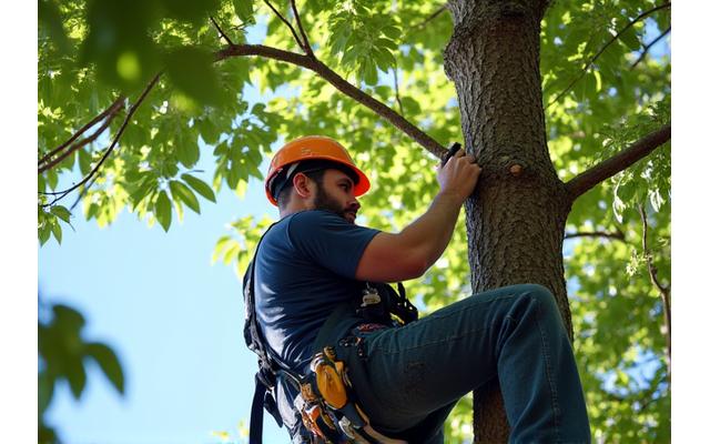 Arboristi hoitamassa puun oksia